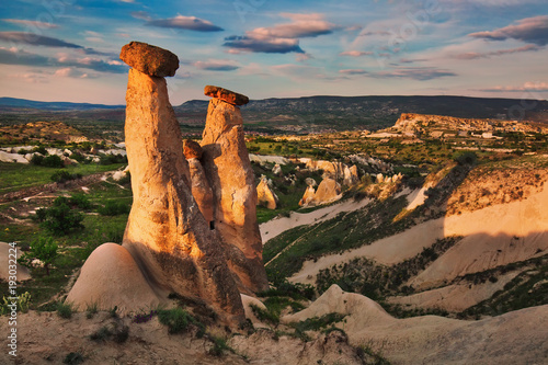 Unique rock formations near Urgup, symbol of Cappadocia, popular travel destination in Turkey