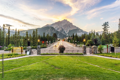 Main street in Banff with Cascade Mountain towering over town, Alberta, Canada