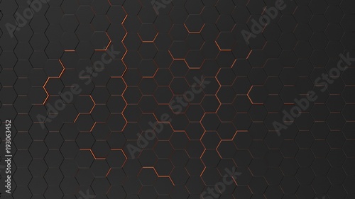 Futuristic background with hexagonal shapes and orange light. 3d illustration