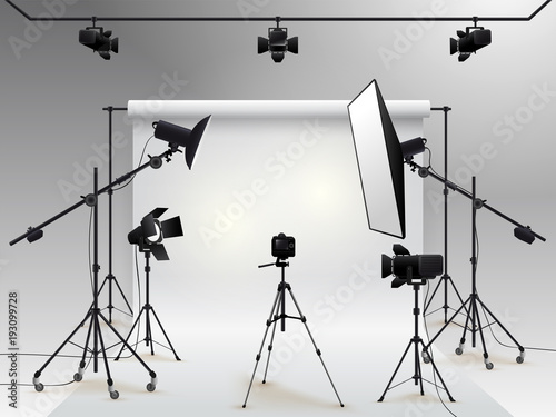 Photography studio vector. Photo studio white blank background with soft box light, camera, tripod and backdrop. Vector illustration. Isolated on white background