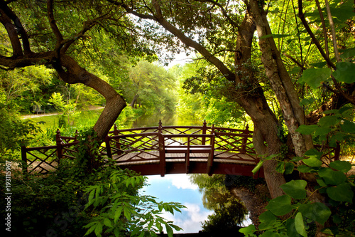 A romantic colonial bridge in Williamsburg Virginia immersed in a green woodland with a beautiful reflecting water pond.