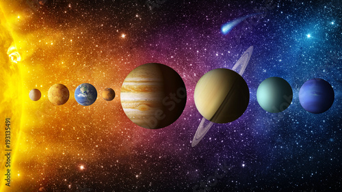 Solar system planet, comet, sun and star. Elements of this image furnished by NASA. Sun, mercury, Venus, planet earth, Mars, Jupiter, Saturn, Uranus, Neptune. Science and education background.