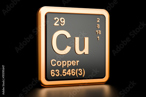 Copper Cu chemical element. 3D rendering