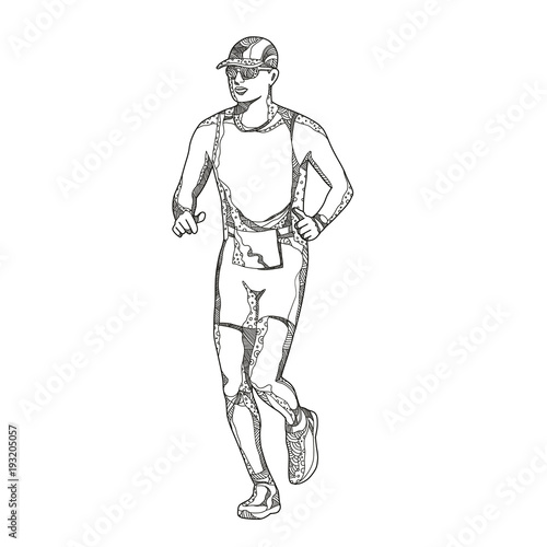 Doodle art illustration of a triathlete,marathon,duathlon, trail runner running on isolated background done in mandala style.