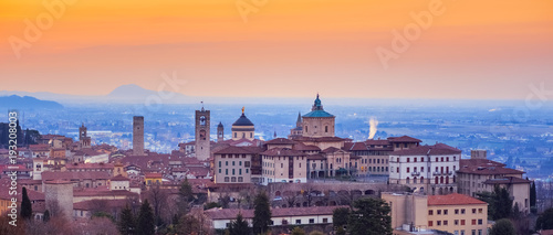 Bergamo Old Town, Lombardy, Italy, in red sunrise light
