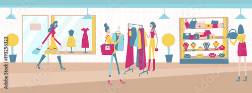 Fashion clothing store. Shop interior with clothing on hanger, bags and jewell on shelves. Vector illustration lady customers buying products.