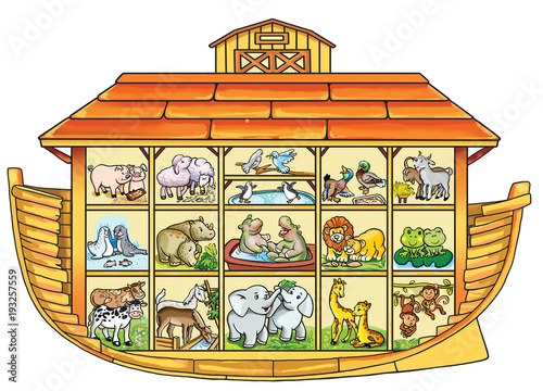 Ark of Noah on a white background. Filled with pairs of animals.