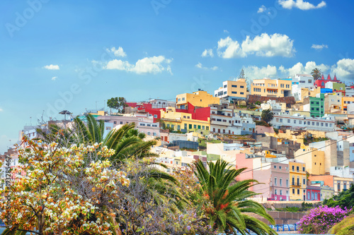 Cityscape with colorful houses in residential district of Las Palmas. Gran Canaria, Spain