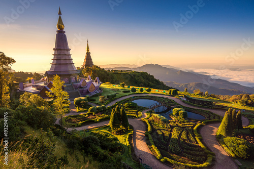 Landscape of two pagoda (noppha methanidon-noppha phon phum siri stupa) in an Inthanon mountain, chiang mai, Thailand