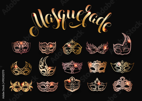 Vector collection of gold masquerade masks isolated on black background