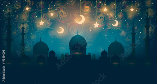Islam. Magical oriental night on vector picture. Vector illustration of fantastic night in oriental palace with golden stars.