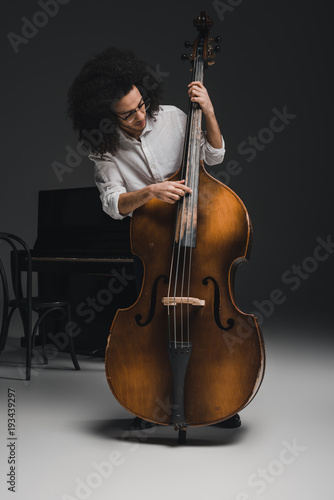 handsome young musician playing standup bass
