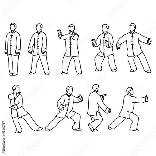 Nine forms of Tai-chi. Men wear traditional chinese cloths vector illustration sketch hand drawn with black lines, isolated on white background