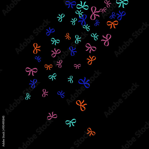 Festive Background with Colorful Bows. Trendy Pattern for Postcard, Print, Banner or Poster. Little Pretty Bows For Party Decoration, Wedding, Birthday or Anniversary Invitation. Vector Frame.