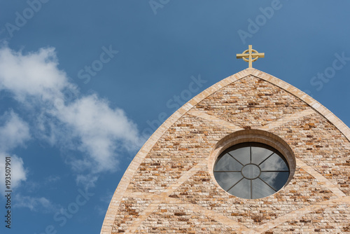 Closeup of the top of the Ave Maria oratory in Ave Maria, Florida