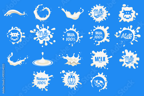 Collection of dairy and milk product logos, fresh natural food emblem design, milk splashes with text vector Illustrations