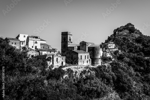 Black and white image of Savoca, a mediaval village in Sicly