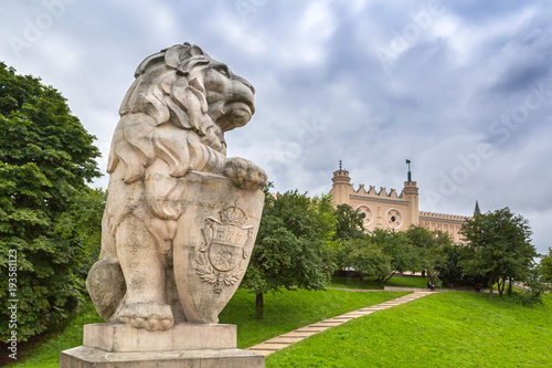 Royal castle in Lublin with guarding lion scrupture, Poland