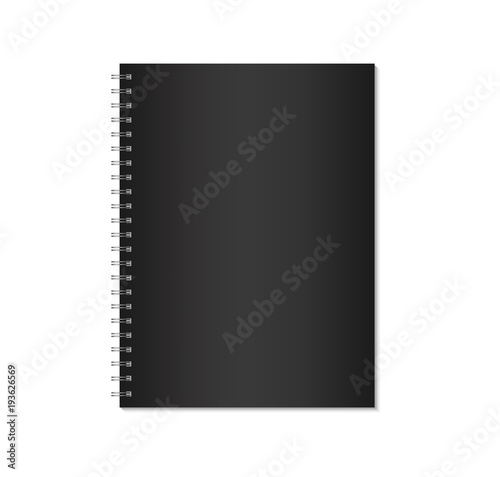 Black notebook mock up isolated on white background. Copybook with metal spiral template. Realistic closed notebook vector illustration.