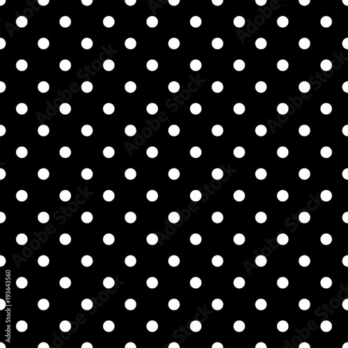 Seamless white polka dot pattern on black. Vector illustration.