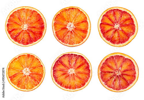 Set of blood red orange slice isolated on white