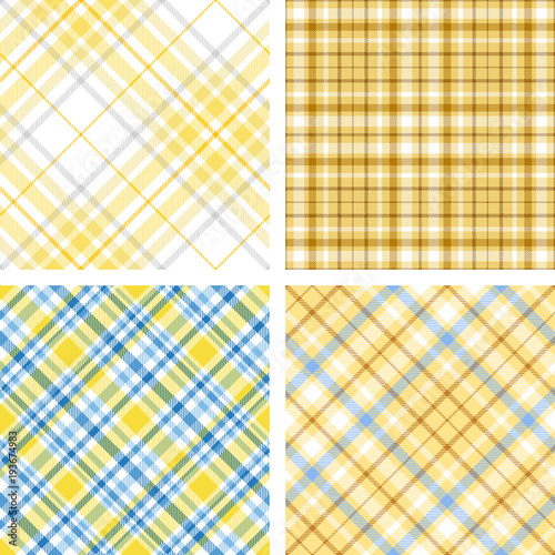 Set of four seamless tartan plaid patterns in shades of yellow, blue and white. Traditional checkered fabric texture for digital textile printing.