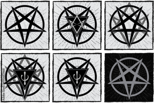 Set of stylish pentagrams with thelema sigil and psi element on grunge background and star rays. Satanic, occult symbol.