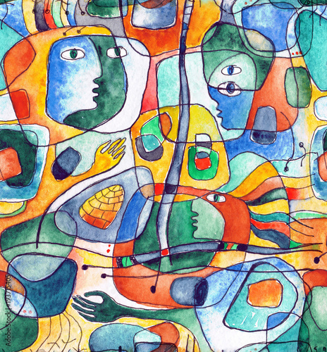 Cubistic seamless pattern with lines and faces painted in watercolor.