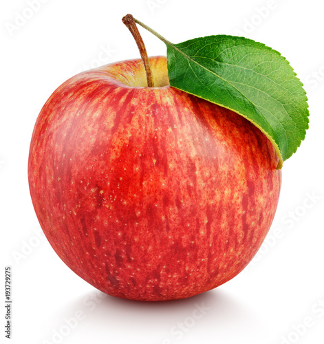Jeden dojrzała czerwona jabłczana owoc z zielonym liściem odizolowywającym na białym tle z ścinek ścieżką