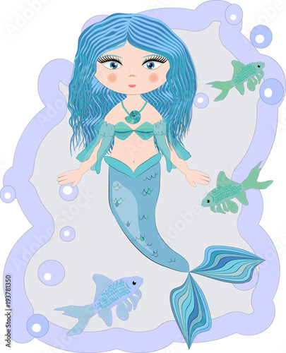 Cartoon beautiful little mermaid in a wreath. Siren. Sea theme. vector illustration on a white background.