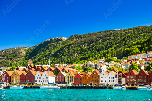 View on Cityscape and wooden building of Bryygen in Norway