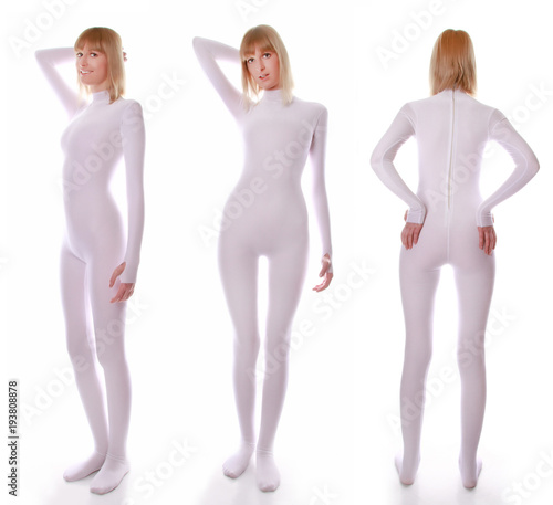 cute young woman standing in a white stretch spandex tight jumpsuit on all sides on white background isolated