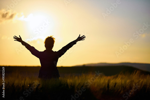The girl has in the field raised hands to the sun