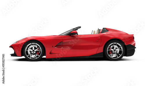lateral view of a red convertible car