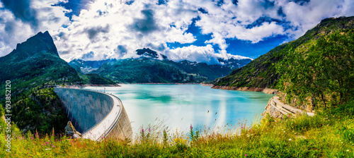 Panorama of the dam at Lake Emosson near Chamonix (France) and Finhaut (Switzerland) during a sunny summer day
