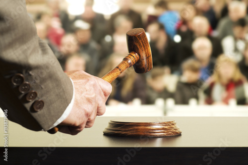 auction bid sale judgment mallet with judge and public , selective focus