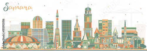 Samara Russia City Skyline with Color Buildings.