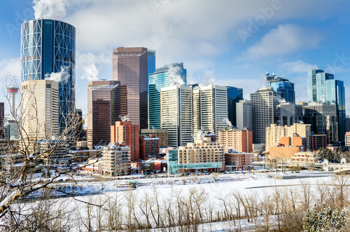 View of Downtown Calgary Covered in Snow on a Sunny Winter Morning. 