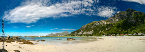 Panorama view to Jusnesvika bay and Rambergstranda beach, Flakstadoya island, Lofoten, Norway