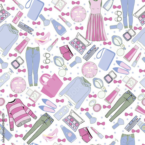 hand drawn fashion collection of clothes and accessories pattern illustration.
