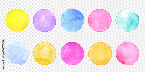 Color watercolor circle set. Vector smear watercolour splash stain on transparent background. Round hand drawn watercolor background with yellow, blue, red, pink, orange, green ink color.