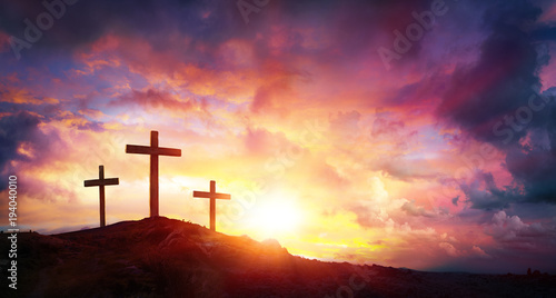 Crucifixion Of Jesus Christ At Sunrise - Three Crosses On Hill 
