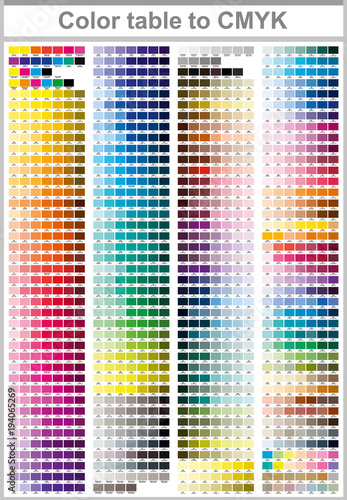 Color table Pantone to CMYK. Color print test page. Illustration CMYK colors for print. Vector color palette 