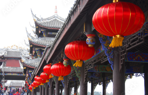 Ancient traditional Chinese building with red lantern hanging exterior