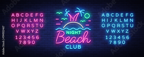 Beach nightclub neon sign. Logo in Neon Style, Symbol, Design Template for Nightclub, Night Party Advertising, Discos, Celebration. Neon banner. Summer. Vector illustration. Editing text neon sign