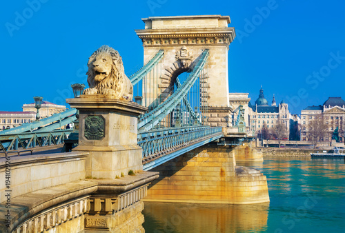 Closeup view of the historic Liberty bridge infrastructure across Danube river in Budapest, Hungary