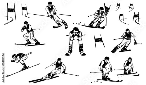 Nine mountain sportsmen compete in giant slalom (Super-G). And also parallel slalom and downhill