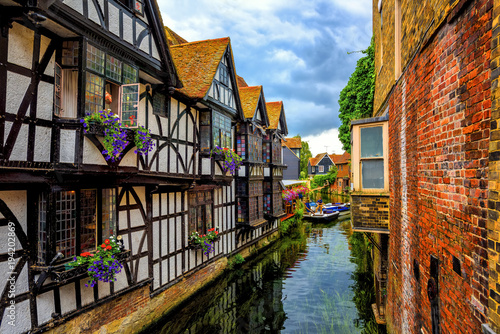 Medieval houses and river Stour in Canterbury Old Town, Kent, England