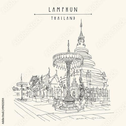 Lamphun, Thailand. Wat Phra That Hariphunchai Woramahawihan, old Buddhist temple. 9th century stupa. Famous tourist attraction. Hand drawn black and white vintage touristic postcard in vector