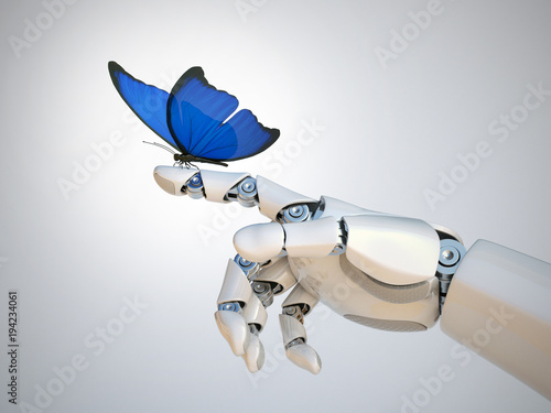 Butterfly on robot hand, technology and nature 3d rendering